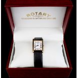 Property of a deceased estate - a boxed Rotary 9ct gold tank cased wristwatch, with leather strap (