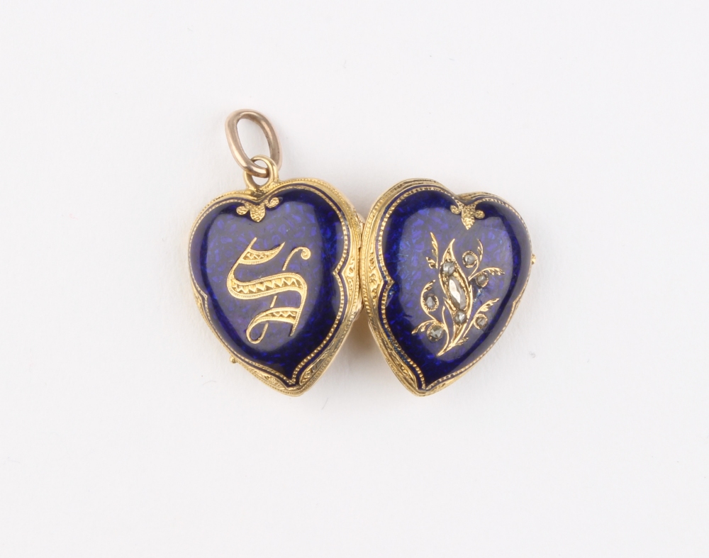 A Victorian yellow gold blue enamel & diamond set heart shaped hinged locket pendant, 1.05ins. (2.
