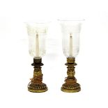 Property of a deceased estate - a pair of William IV ormolu table lamps with etched glass storm