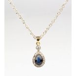 An early 20th century pear shaped cut sapphire & pave set diamond pendant, with collet set diamond