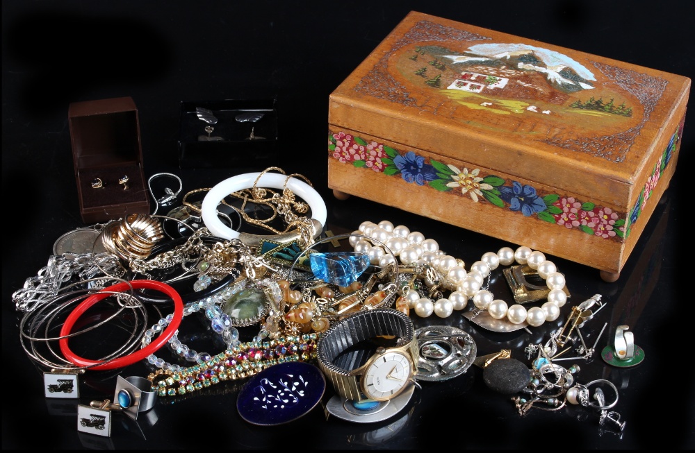 Property of a deceased estate - a wooden box and a bag containing assorted costume jewellery (2) (