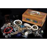 Property of a deceased estate - a wooden box and a bag containing assorted costume jewellery (2) (