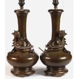 Property of a lady of title - a pair of Japanese bronze bottle vases, adapted as table lamps, each