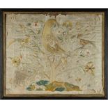 A late 17th / early 18th century English silkwork picture depicting three birds in a flowering