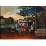 19th century Chinese school - A TEA CEREMONY WITH FOUR FIGURES ON A TERRACE - oil on canvas laid