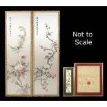 Property of a gentleman - a pair of Chinese embroidered silk panels depicting birds among