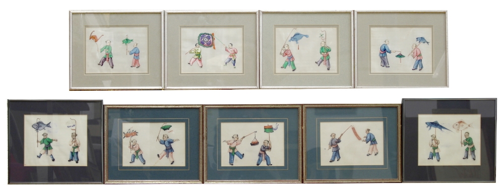 A set of nine late 19th century Chinese paintings on pith paper depicting pairs of processional