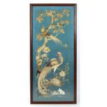 A late 19th / early 20th century Chinese embroidered blue silk panel depicting ducks, birds and a