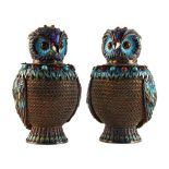 A pair of Chinese silver gilt polychrome enamel & hardstone jars & covers modelled as Owls, probably