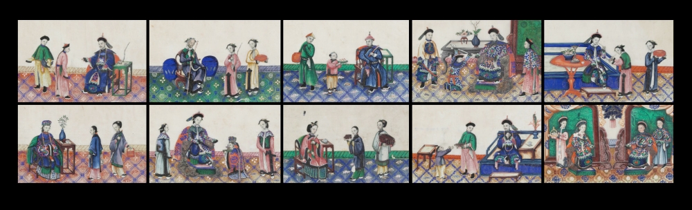 A set of ten 19th century Chinese paintings on pith paper depicting court scenes, each painting