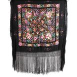 A late 19th / early 20th century Chinese floral embroidered black silk shawl, approximately