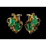 A pair of 18ct yellow gold emerald pebble & diamond earrings, each earring set with two uncut