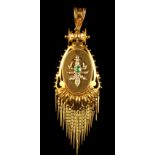 A Victorian Egyptian revival emerald & seed pearl fringe pendant, 3.2ins. (8.2cms.) long (see