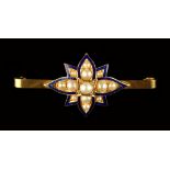 A 15ct yellow gold pearl & blue enamel flowerhead decorated bar brooch, 1.95ins. (5cms.) long (see