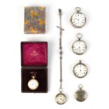 Property of a lady - three silver pocket watches; together with two silver fob watches; and a