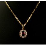 An unheated Thai ruby & diamond pendant, on 18ct yellow gold chain necklace, the oval cut ruby