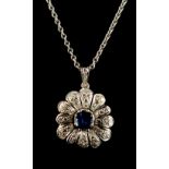 A white gold sapphire & diamond flowerhead pendant, on 18ct white gold chain necklace, the pendant