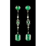 A pair of Art Deco style 18ct white gold emerald diamond & black bead pendant earrings, each 1.8ins.