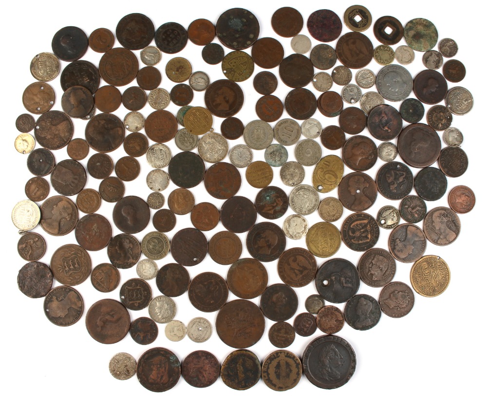 Property of a deceased estate - a bag containing assorted coins, worldwide, including a 1787