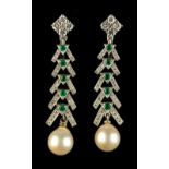A pair of Art Deco style white gold emerald diamond & pearl pendant earrings, each 1.65ins. (4.