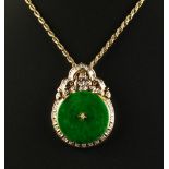 An 18ct yellow gold circular jadeite & diamond pendant, on 14ct gold rope design chain necklace, the