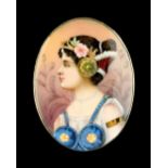 An early 20th century Continental Art Nouveau pewter & enamel oval panel depicting a young lady, 3.