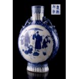 A Chinese blue & white moon flask, painted to each side with five figures, apocryphal Kangxi 4-