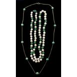 Property of a lady - a 9ct gold & jadeite bead necklace, 26.75ins. (68cms.) long; together with a