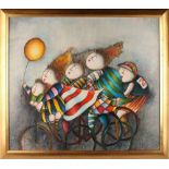 Property of a gentleman - Joyce Roybal (b.1955) - CYCLISTS - oil on canvas, 20 by 23ins. (51 by 58.