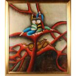 Property of a gentleman - Joyce Roybal (b.1955) - TWO BOYS, CAT AND KITTENS IN TREE - oil on canvas,