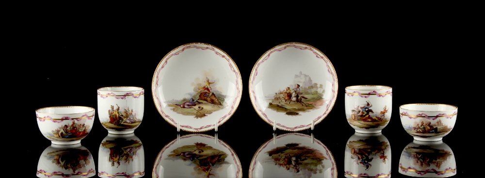 Property of a lady - a pair of Meissen Marcolini period trios painted with military battle scenes (