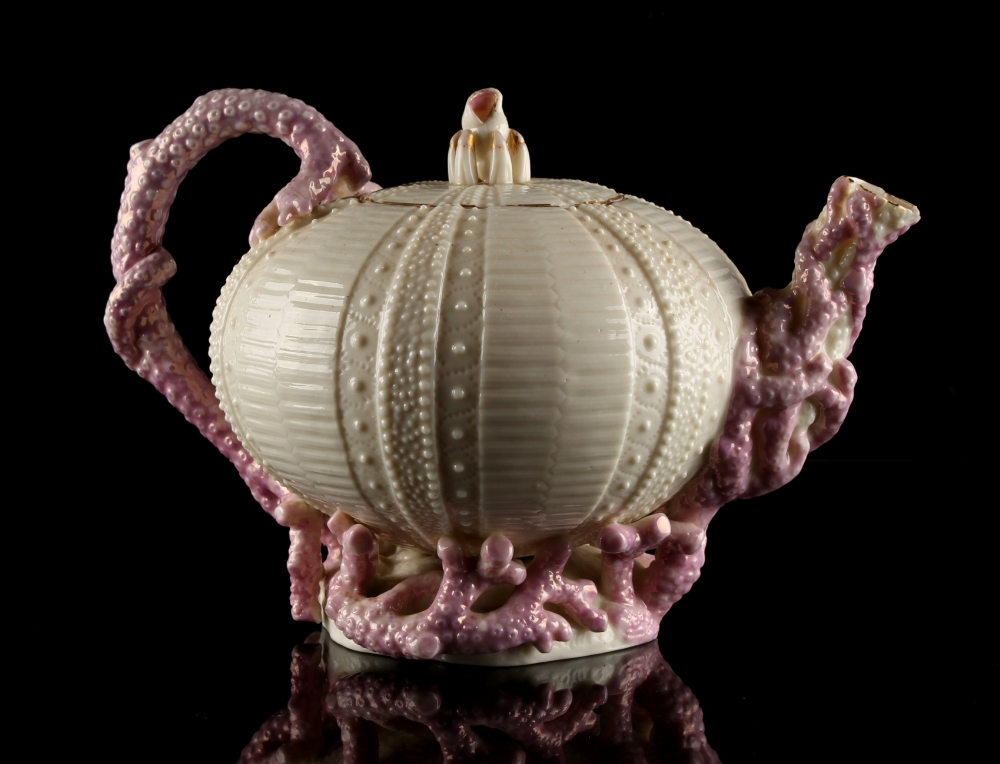 Property of a lady - a Belleek Echinus pattern teapot, first mark with impressed diamond