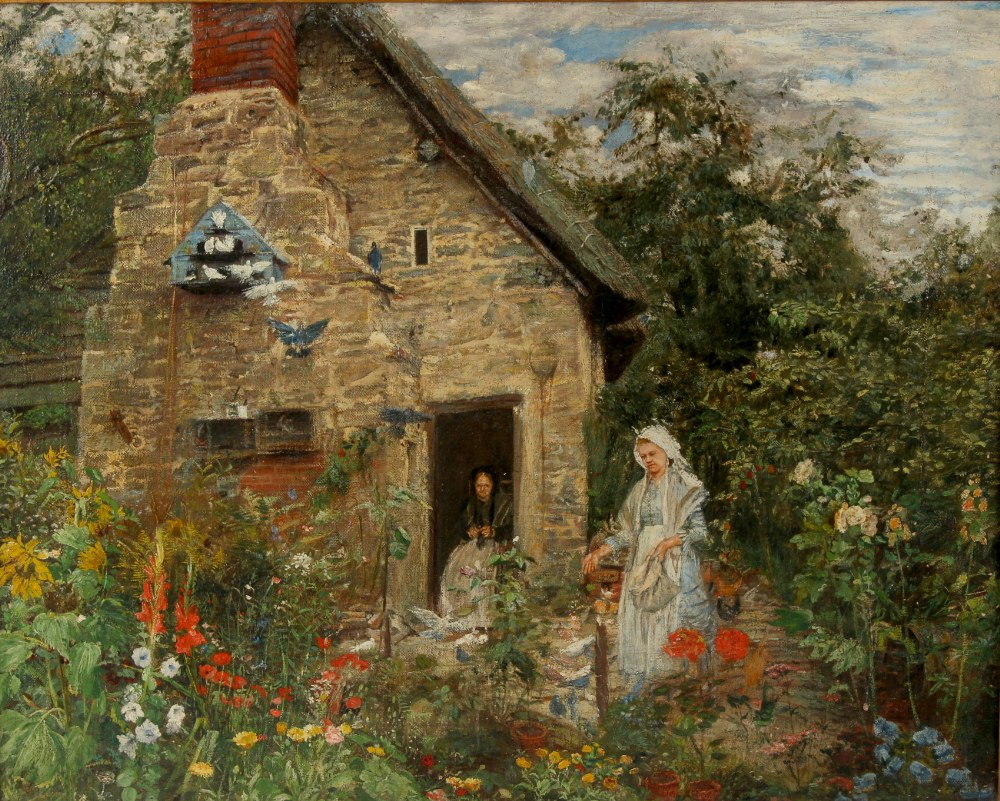 Property of a deceased estate - late 19th century - A COTTAGE GARDEN SCENE - oil on canvas, 16 by