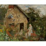 Property of a deceased estate - late 19th century - A COTTAGE GARDEN SCENE - oil on canvas, 16 by