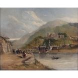 English school, 19th century - CONTINENTAL RIVER SCENE WITH FIGURES AND BRIDGE - oil on canvas, 17