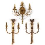 Property of a deceased estate - a pair of French ormolu ribbon & tassel twin light wall appliques;