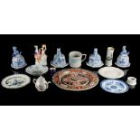A quantity of assorted pottery items, 18th century & later, including four Delft blue & white vase