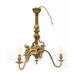 Property of a lady - a brass three light chandelier or electrolier, with three figures of cherubs,