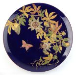 Property of a gentleman - a large Worcester blue ground plate with raised gilt & enamel painted