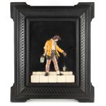 A 19th century Italian pietra dura plaque depicting a man holding a lantern, in carved ebony eared