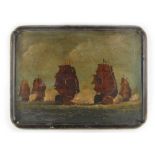 A 19th century papier mache rectangular tray painted with a naval battle scene, 15.5ins. (39.