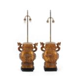 Property of a lady - a large pair of modern Chinese gilt metal archaistic table lamps in the form of