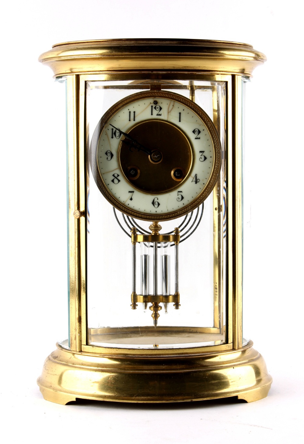 Property of a lady - a late 19th century French brass oval cased four glass mantel clock, the 8-