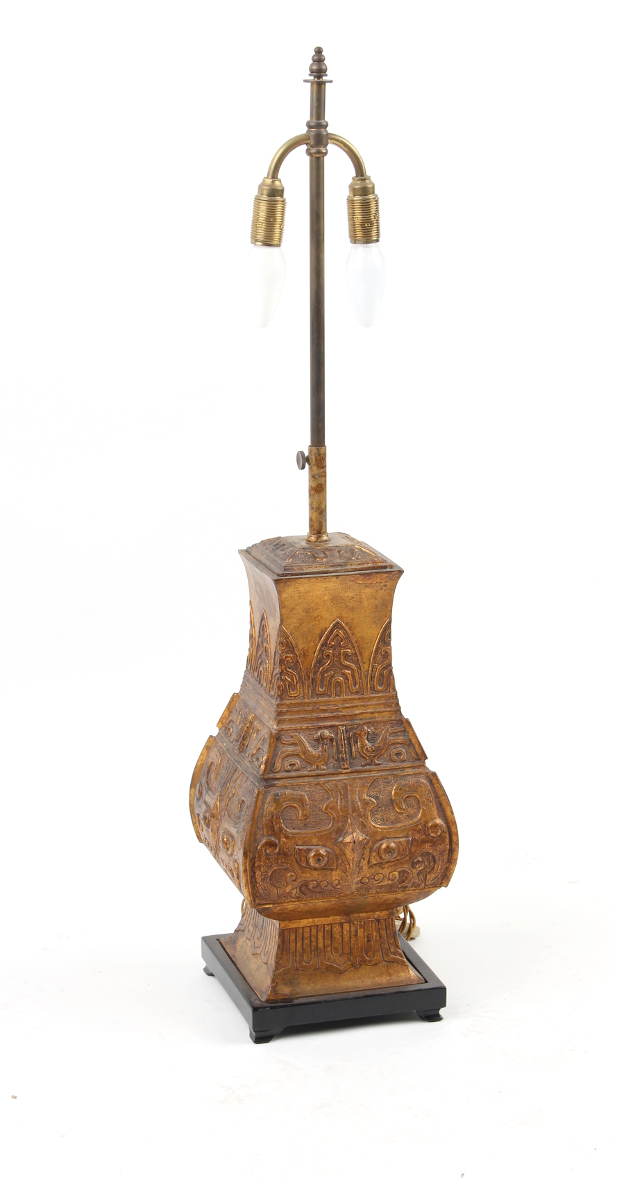 Property of a lady - a large modern Chinese gilt metal archaistic table lamp in the form of a ritual