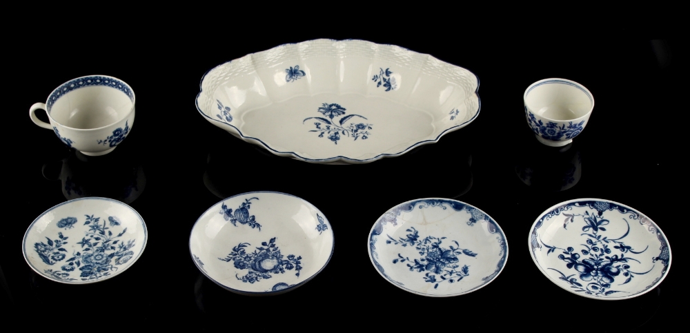 A collection of seven first period Worcester blue & white items including an oval dish, damages (