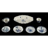 A collection of seven first period Worcester blue & white items including an oval dish, damages (