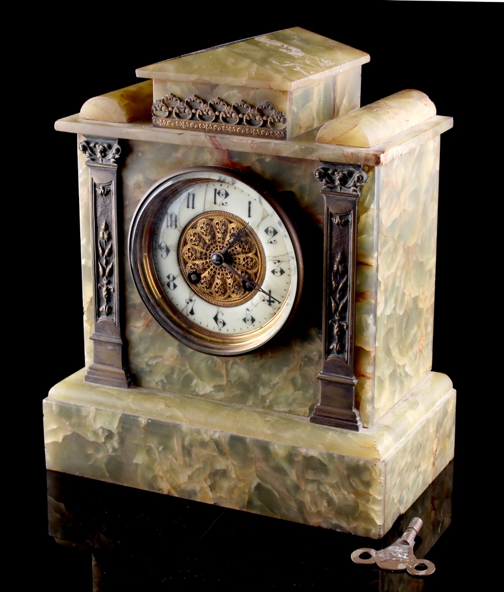 Property of a gentleman - a 19th century French green onyx & bronze cased mantel clock, with 8-day