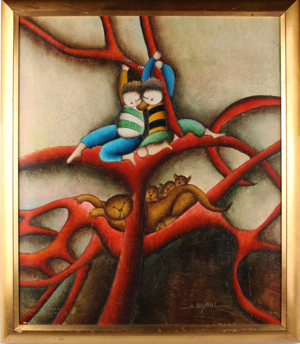Property of a gentleman - Joyce Roybal (b.1955) - TWO BOYS, CAT AND KITTENS IN TREE - oil on canvas,