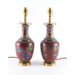 Property of a lady - a pair of Chinese cloisonne table lamps, 20th century, each 13.4ins. (34cms.)