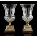 Property of a gentleman - a pair of ormolu mounted cut glass campana shaped vases, each 12.6ins. (